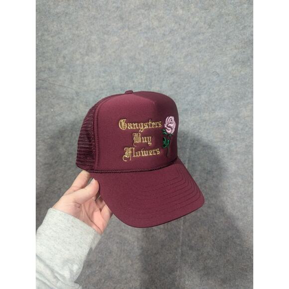 Gangsters Buy Flowers Maroon Mesh Trucker Hat Embroidered Rose Streetwear Nissin - Picture 2 of 6